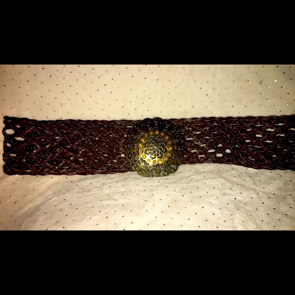Vintage brown braided leather belt buckle w/buckle